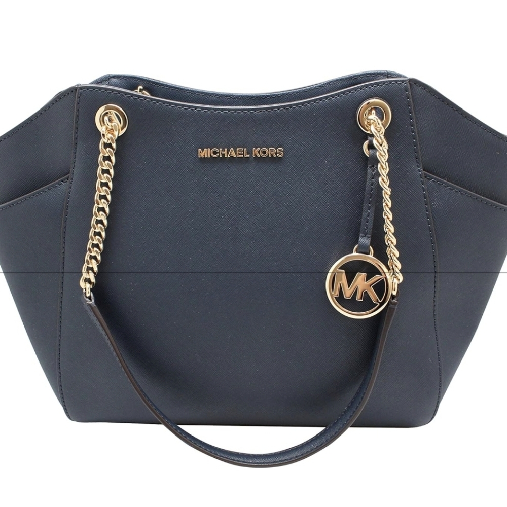 Michael Kors Jet Set Travel Large Chain Shoulder Tote Navy Blue Leather